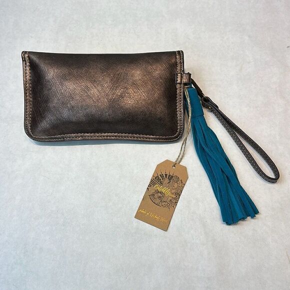 NWT Catchfly Clutch Wristlet Brushed Metallic Brown Leather Mini Bag Purse Walle - Picture 4 of 6